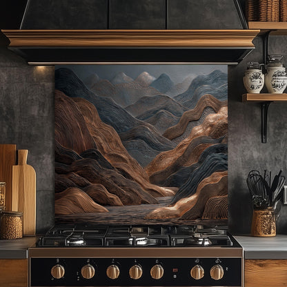 Tempered Glass Mountain Backsplash: Copper & Charcoal Abstract Art