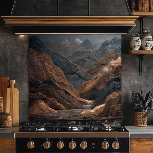 Tempered Glass Mountain Backsplash: Copper & Charcoal Abstract Art