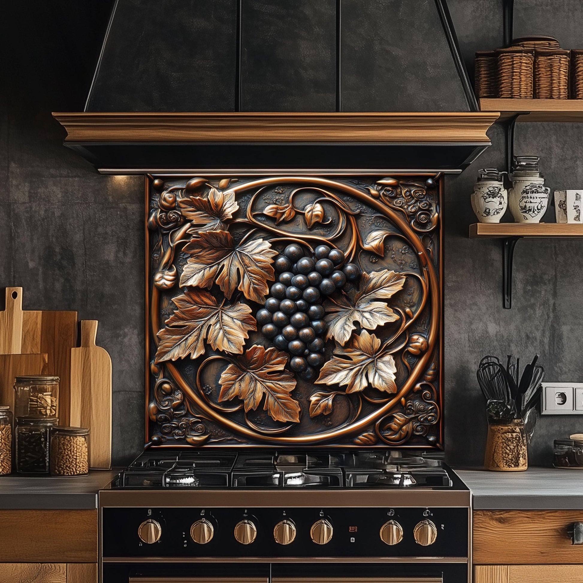 Grapevine tempered glass backsplash, rustic vineyard kitchen decor, heat-resistant glass backsplash, easy clean glass wall protector, vineyard-inspired kitchen art, grape and leaves kitchen backsplash, farmhouse glass backsplash