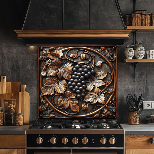Grapevine tempered glass backsplash, rustic vineyard kitchen decor, heat-resistant glass backsplash, easy clean glass wall protector, vineyard-inspired kitchen art, grape and leaves kitchen backsplash, farmhouse glass backsplash