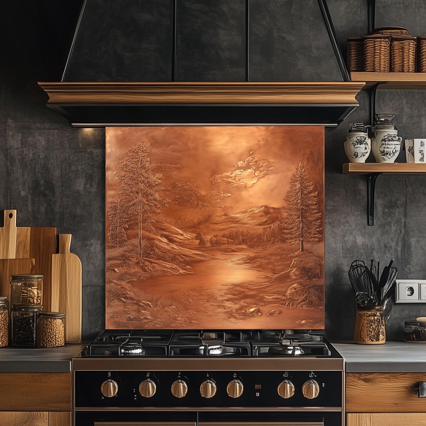 Tempered glass backsplash, landscape design, heat-resistant kitchen wall protector, copper-effect backsplash, easy clean kitchen backsplash, rustic kitchen decor, stove protector