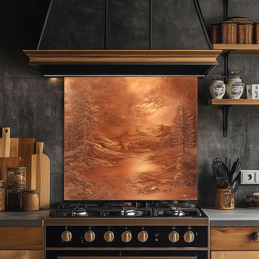 Tempered glass backsplash, landscape design, heat-resistant kitchen wall protector, copper-effect backsplash, easy clean kitchen backsplash, rustic kitchen decor, stove protector