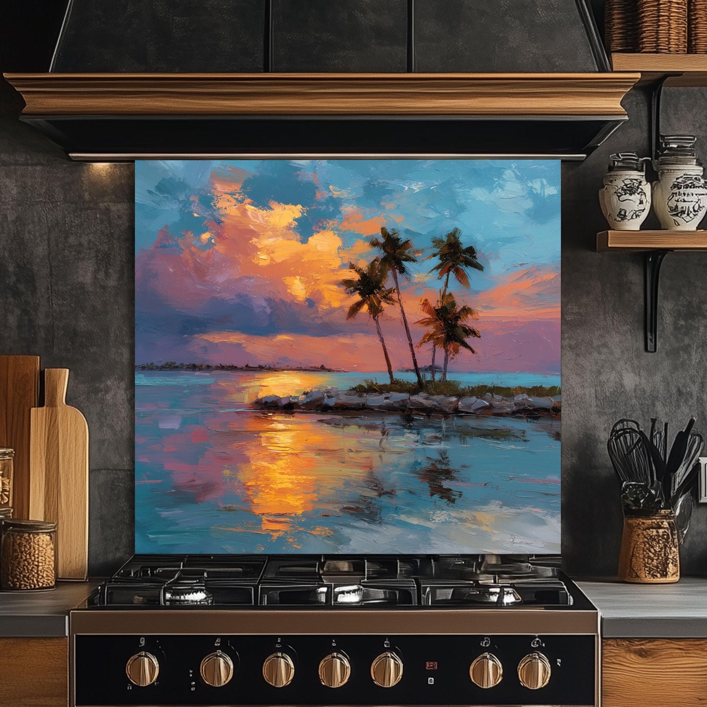 Tropical Sunset Glass Backsplash, Palm Tree Ocean Stove Guard, Heat Resistant Easy Clean Art