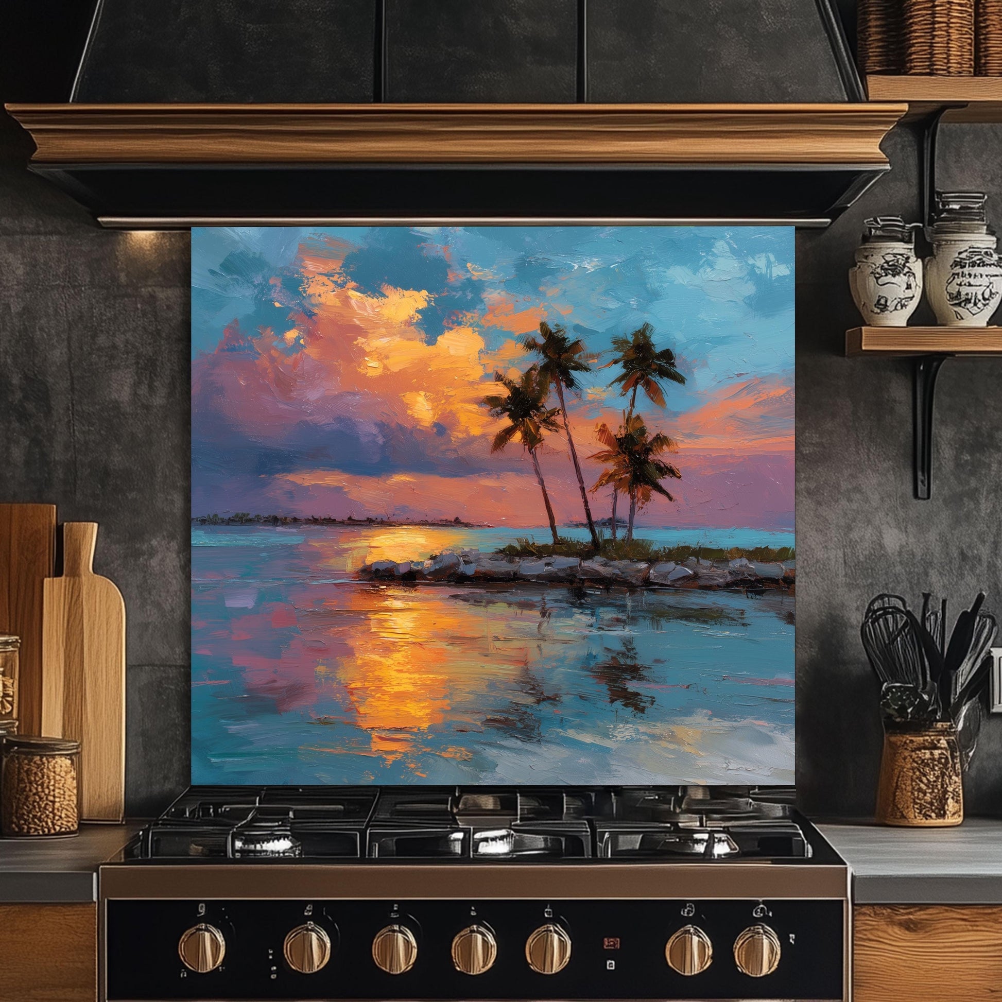 Tropical Sunset Glass Backsplash, Palm Tree Ocean Stove Guard, Heat Resistant Easy Clean Art