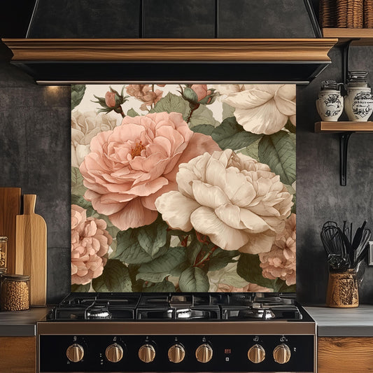 Vintage Peony Rose Floral Kitchen Backsplash, UV Printed Tempered Glass, Custom Size Design
