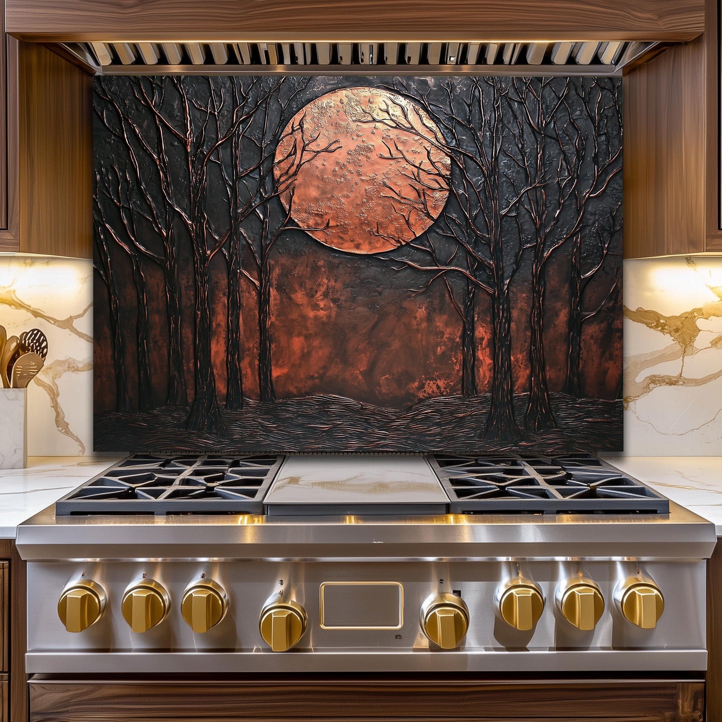Moon Forest Glass Backsplash, Rustic Night Landscape Tempered Glass, Custom Size Design