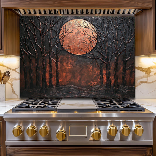 Moon Forest Glass Backsplash, Rustic Night Landscape Tempered Glass, Custom Size Design