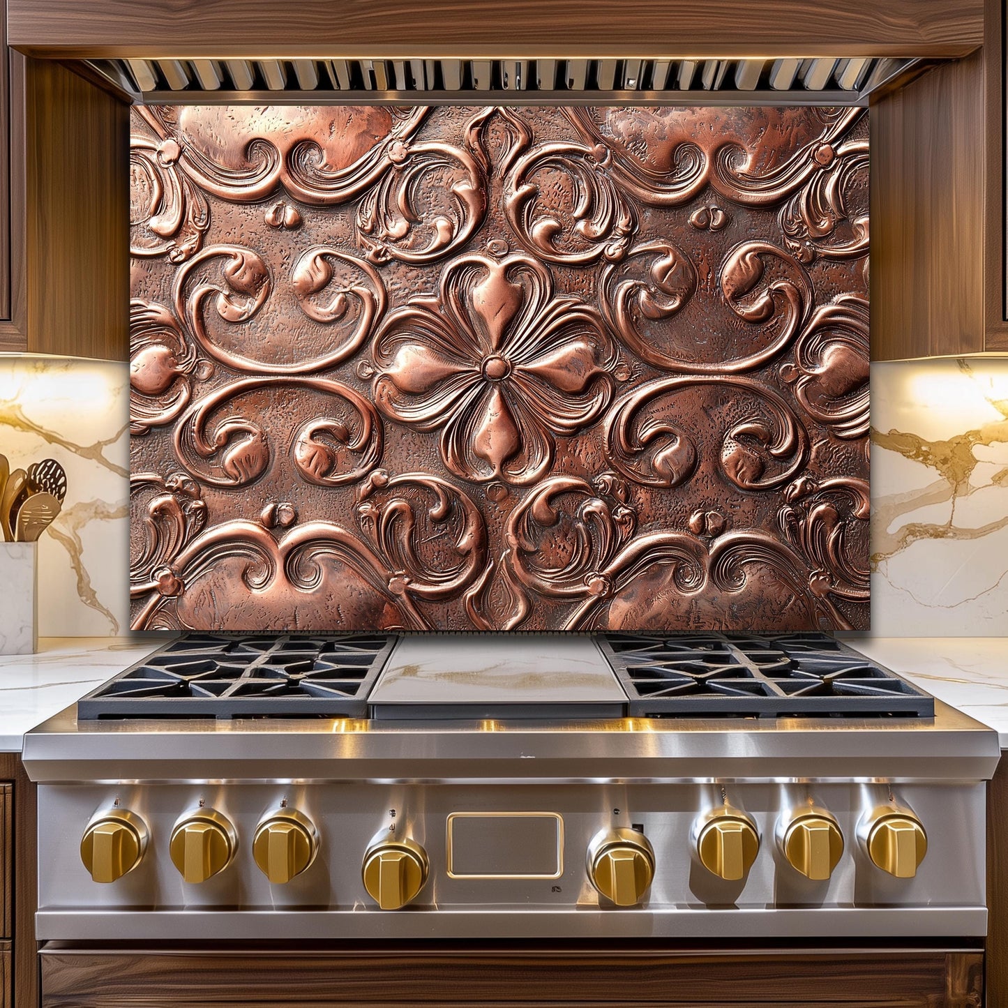 Copper-Effect Tempered Glass Backsplash: Rustic Kitchen Decor