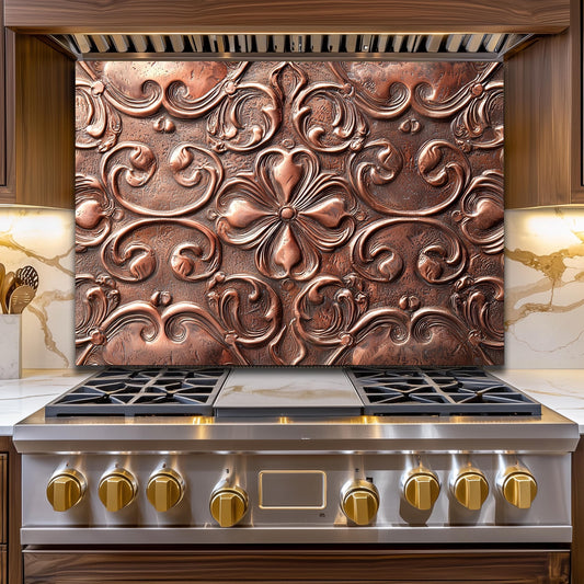 Copper-Effect Tempered Glass Backsplash: Rustic Kitchen Decor