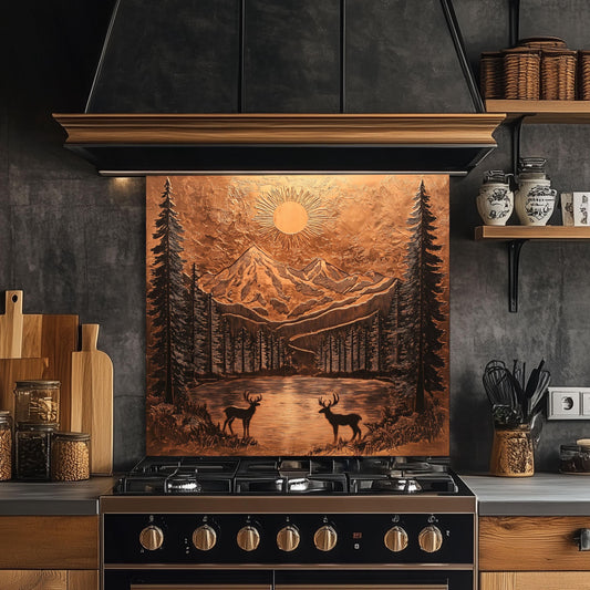 Tempered glass backsplash, mountain landscape design, copper-effect kitchen wall protector, heat-resistant backsplash, rustic kitchen decor, nature-inspired kitchen art, easy clean stove backsplash