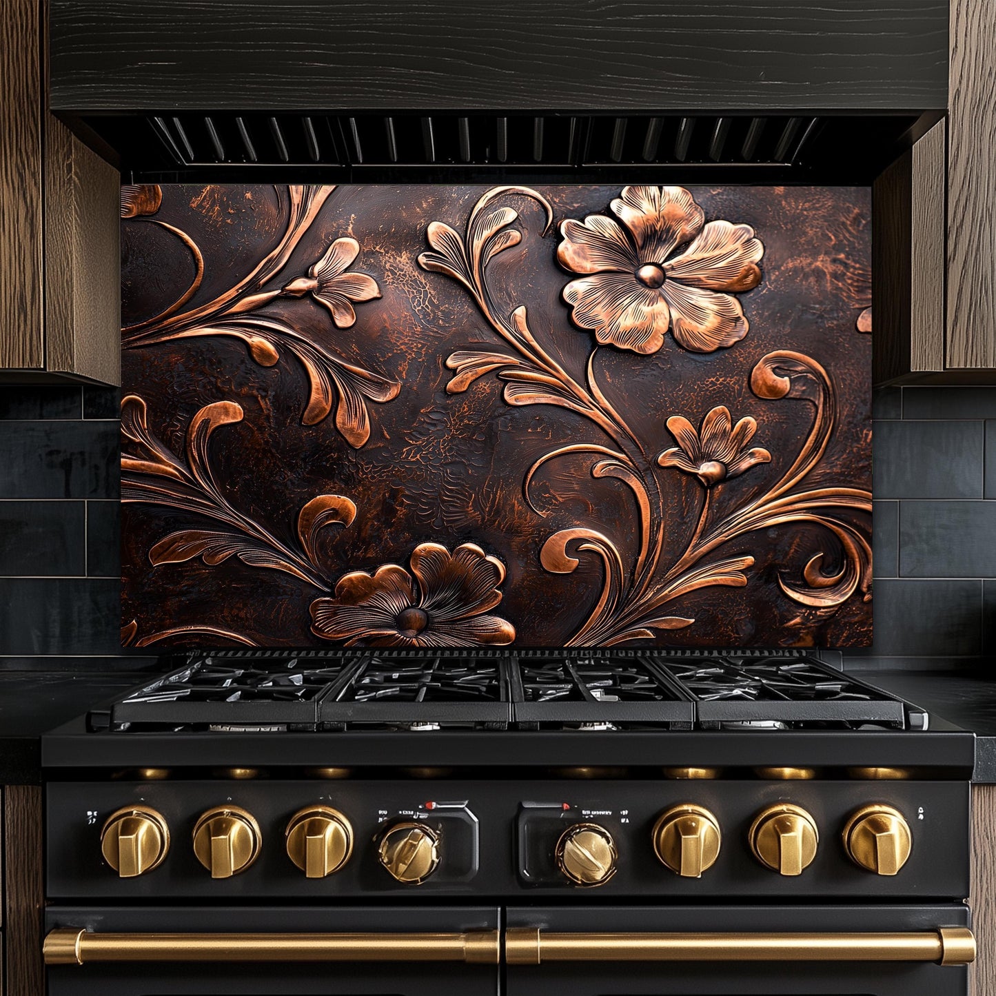 Embossed Copper Floral Glass Backsplash: Rustic Kitchen Decor