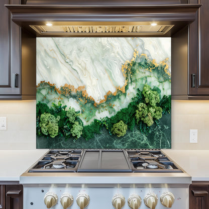 Green Marble Moss Glass Backsplash, Nature Texture Stove Guard, Heat Resistant Easy Clean Art