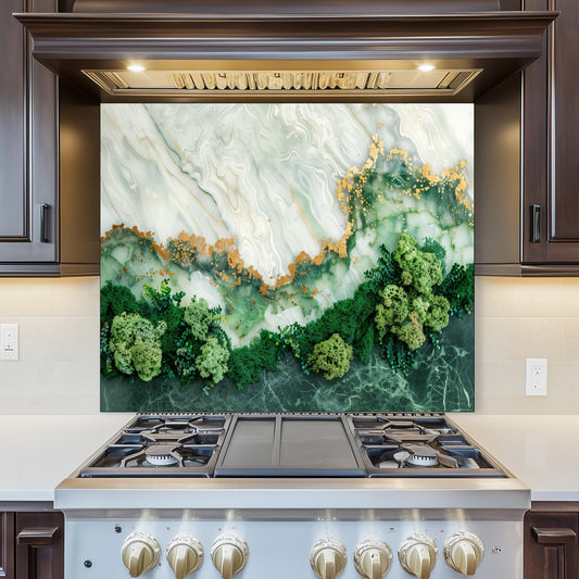 Green Marble Moss Glass Backsplash, Nature Texture Stove Guard, Heat Resistant Easy Clean Art