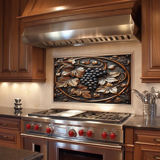 Vineyard decor backsplash, rustic kitchen glass art, heat-resistant tempered glass panel, grapevine kitchen wall protector, easy clean glass backsplash, farmhouse kitchen wall decor, grape leaves tempered glass backsplash