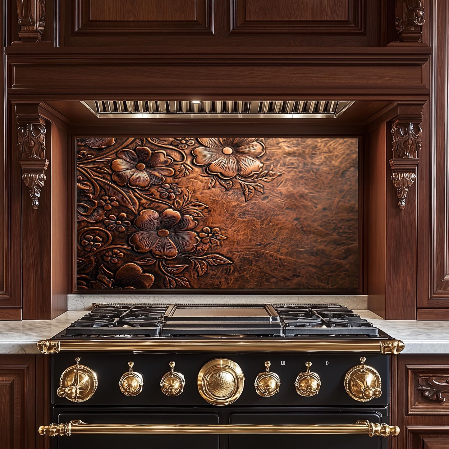 Embossed Floral Copper Glass Backsplash, Rustic Flower Stove Guard, Heat Resistant Kitchen Art