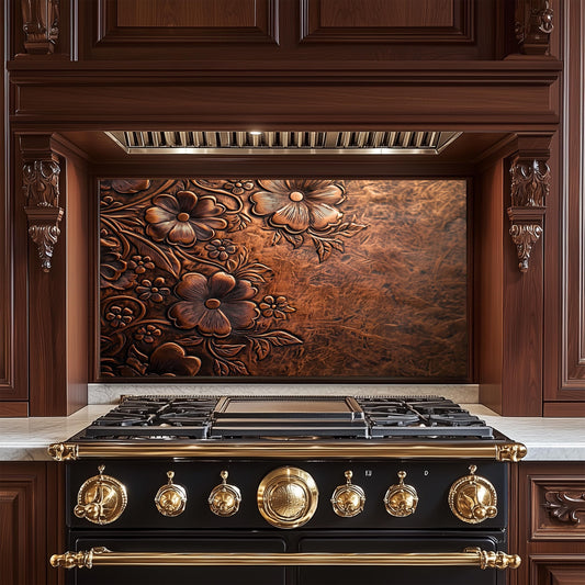 Embossed Floral Copper Glass Backsplash, Rustic Flower Stove Guard, Heat Resistant Kitchen Art