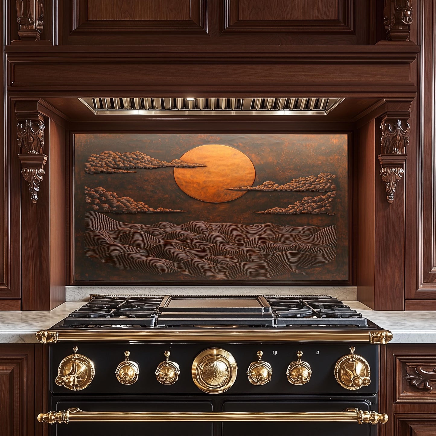 Copper Sunset Ocean Glass Backsplash, Rustic Beach Stove Guard, Heat Resistant Easy Clean Art