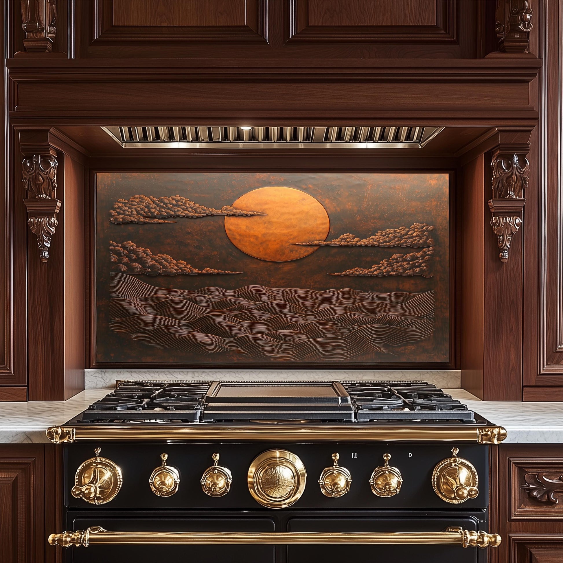 Copper Sunset Ocean Glass Backsplash, Rustic Beach Stove Guard, Heat Resistant Easy Clean Art
