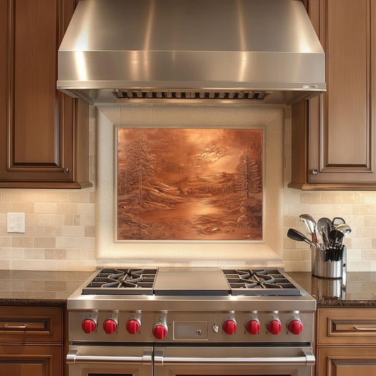 Rustic kitchen backsplash, landscape design, copper-effect tempered glass, heat-resistant wall protector, easy clean kitchen wall, stove backsplash, nature-themed kitchen decor
