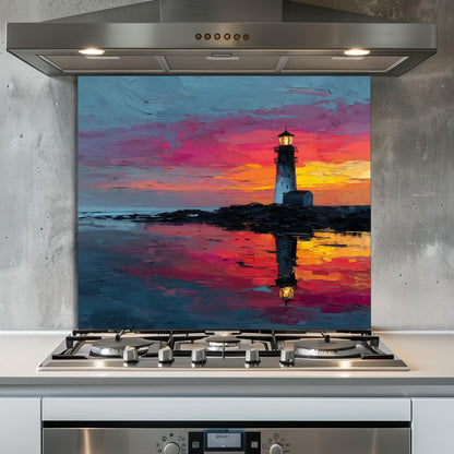 Sunset Lighthouse Kitchen Backsplash, Coastal Ocean Tempered Glass Art, Custom Size Design