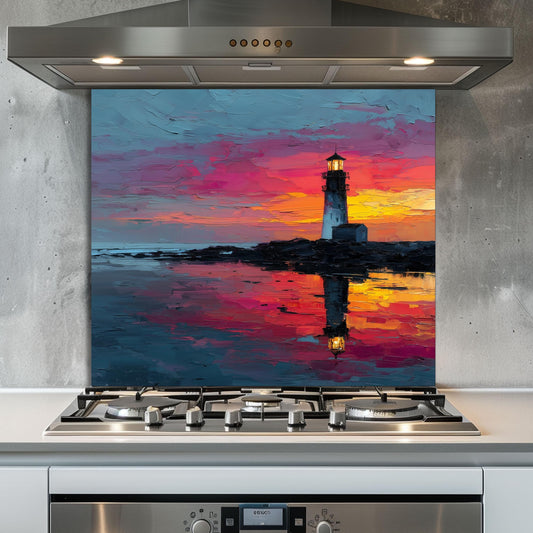 Sunset Lighthouse Kitchen Backsplash, Coastal Ocean Tempered Glass Art, Custom Size Design