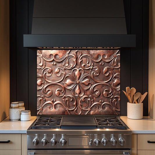 Copper-Effect Tempered Glass Backsplash: Rustic Kitchen Decor