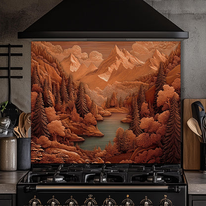 Rustic Sepia Mountain Glass Backsplash: Cabin Kitchen Stove Panel
