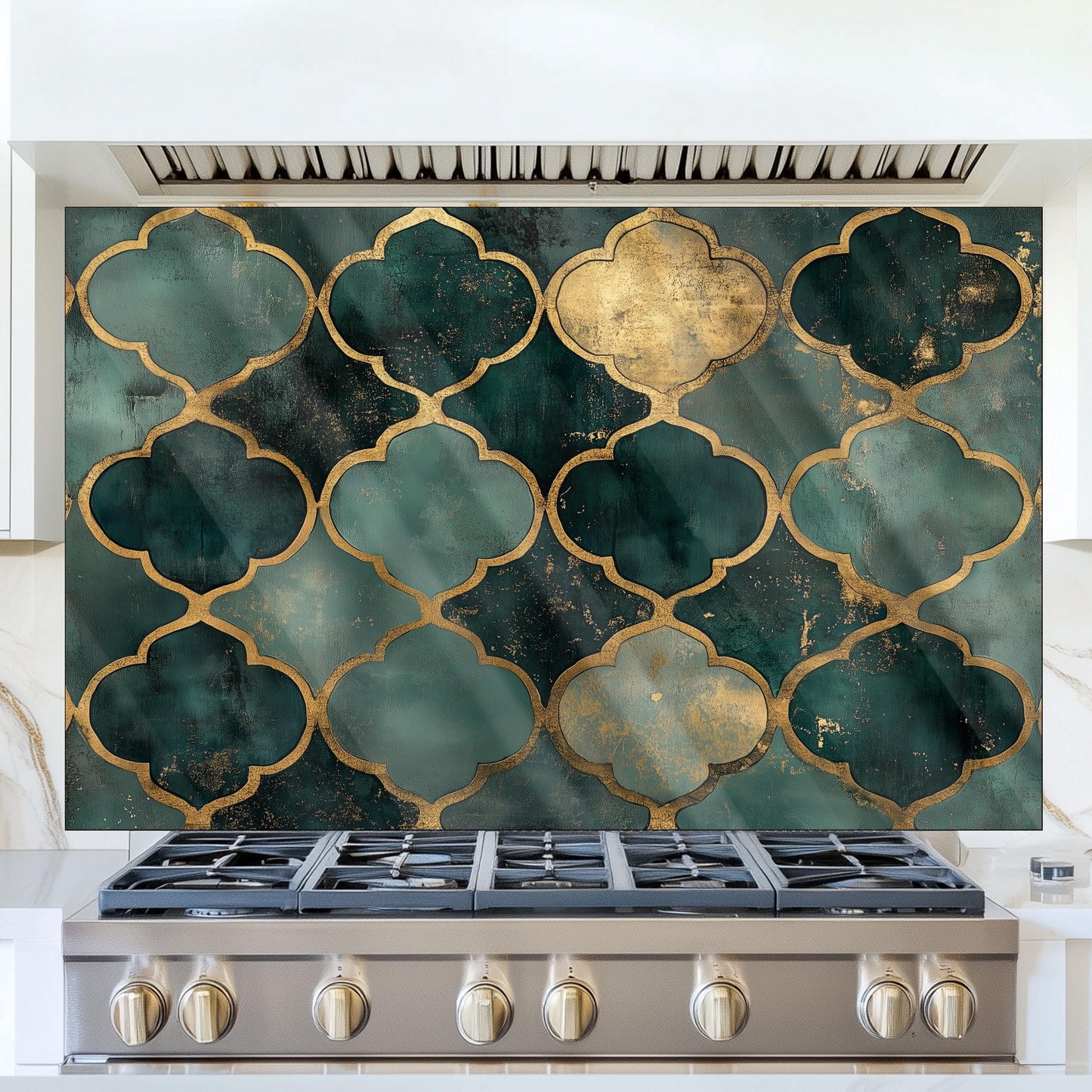 Moroccan Style Glass Backsplash, Blue Geometric Stove Guard, Heat Resistant Easy Clean Kitchen Art