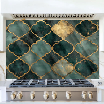 Moroccan Style Glass Backsplash, Blue Geometric Stove Guard, Heat Resistant Easy Clean Kitchen Art