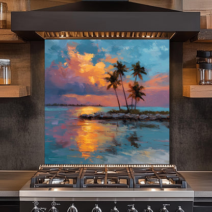 Tropical Sunset Glass Backsplash, Palm Tree Ocean Stove Guard, Heat Resistant Easy Clean Art