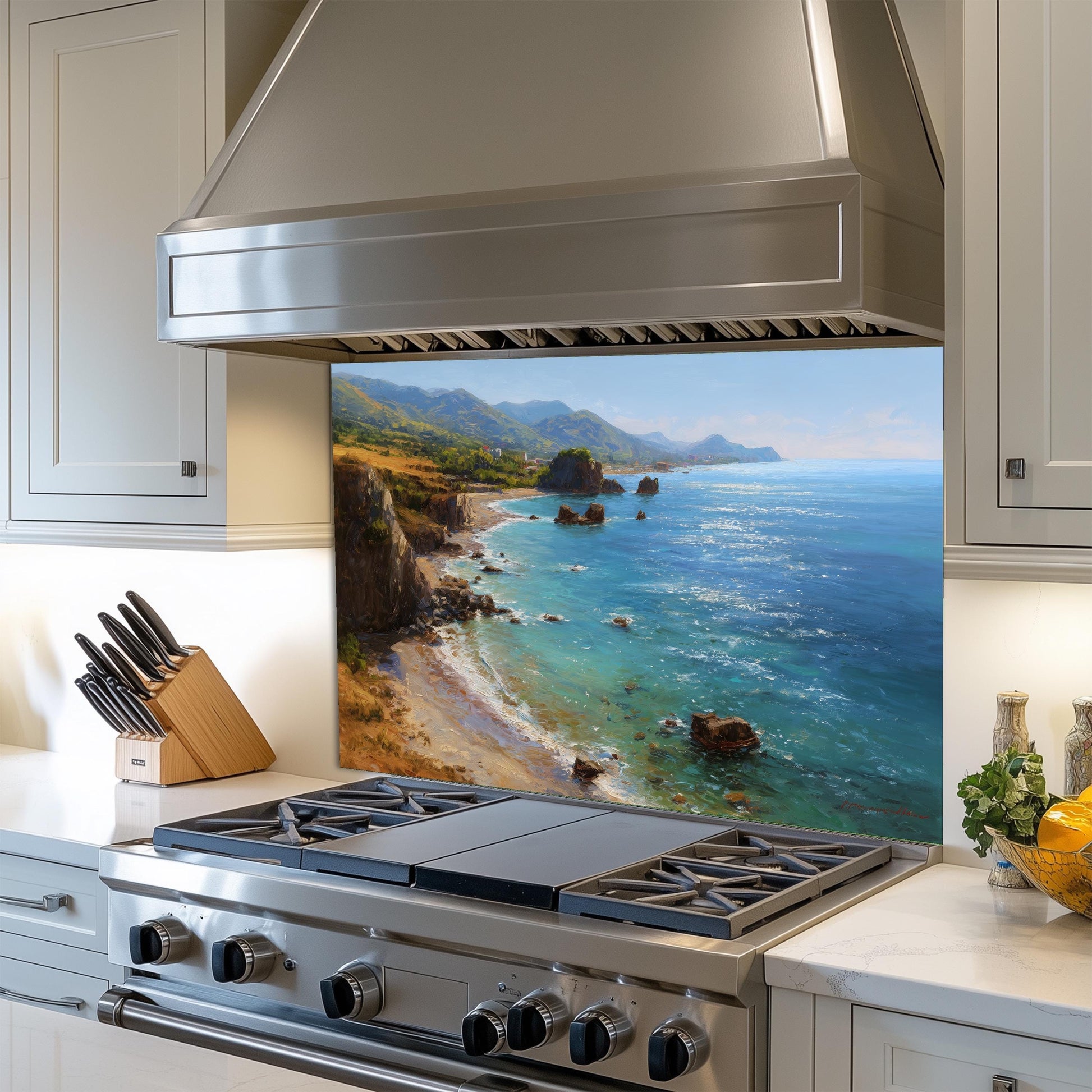 Tempered Glass Mountain Sunrise Backsplash: Coastal Kitchen Wall Art