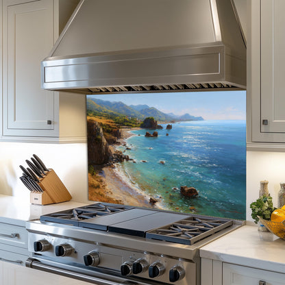 Tempered Glass Mountain Sunrise Backsplash: Coastal Kitchen Wall Art