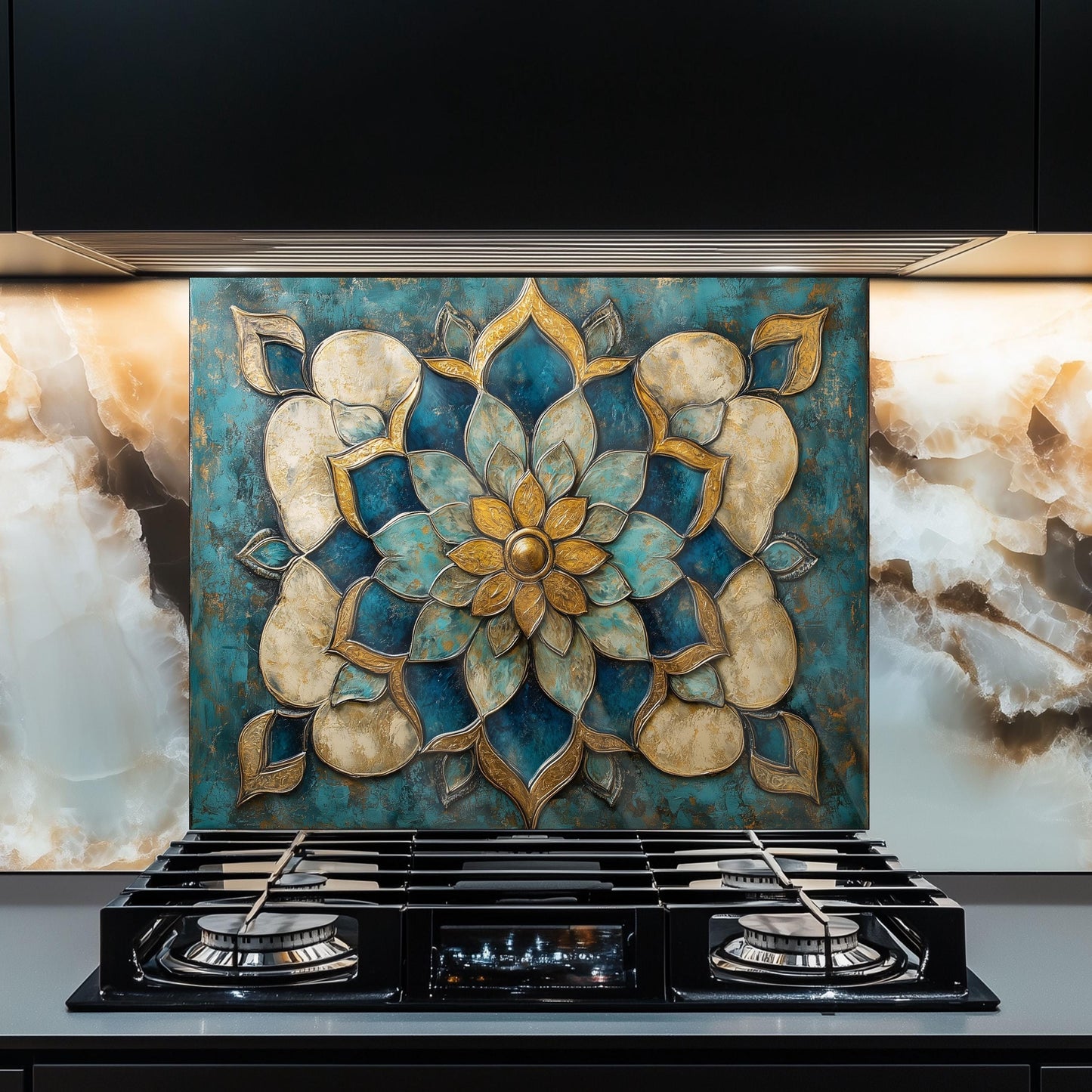 Moroccan Tempered Glass Kitchen Backsplash: Artistic Floral Stove Panel
