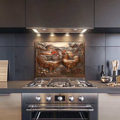 Rooster farmhouse backsplash, heat-resistant tempered glass, copper-effect kitchen decor, easy clean wall protector, vintage style kitchen art, stove wall protector