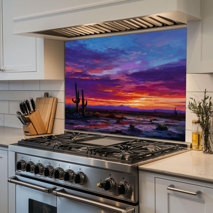 Desert Sunset Kitchen Backsplash: Southwestern Cactus Tempered Glass Wall Art