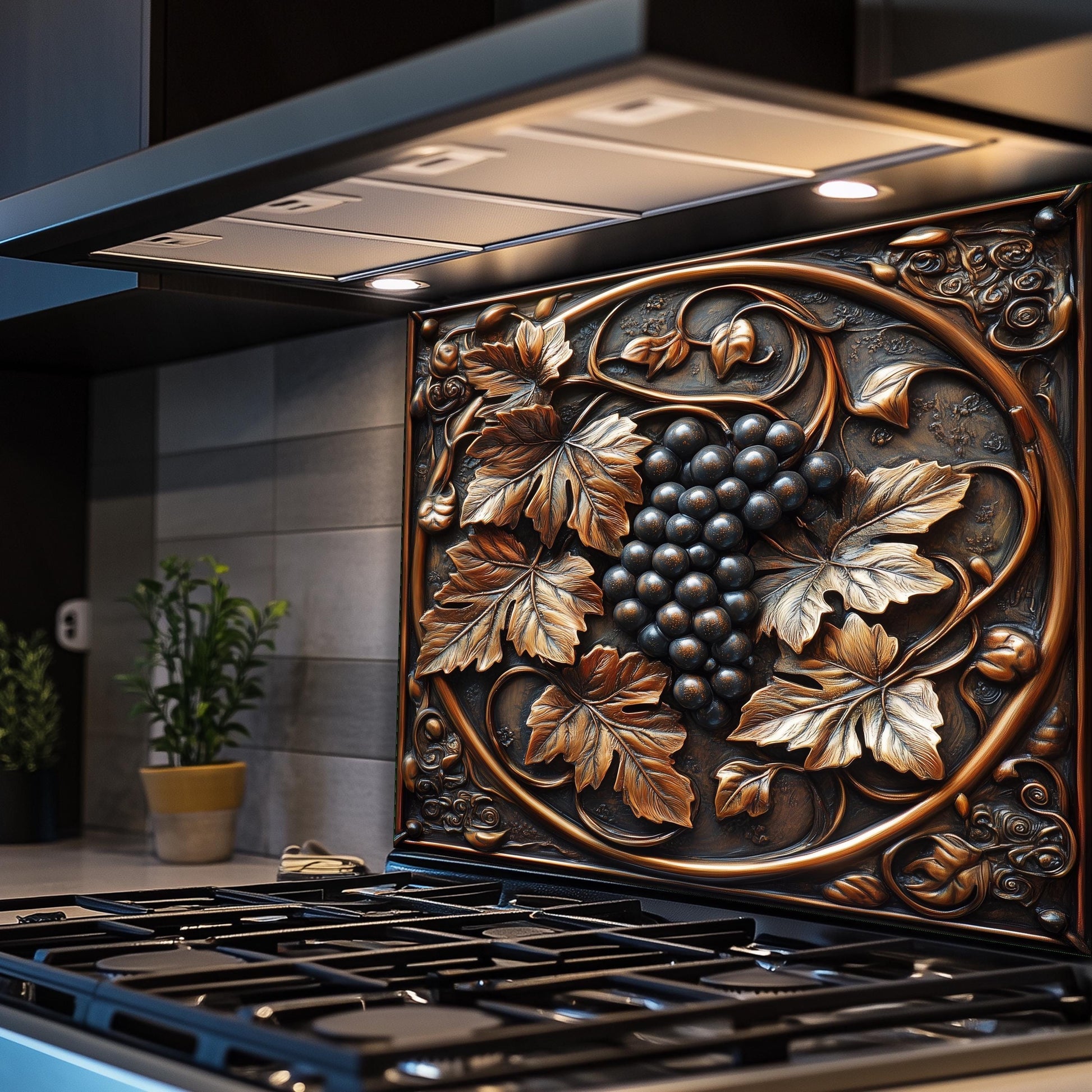 Kitchen backsplash with grapes, rustic vineyard wall art, heat-resistant glass kitchen panel, tempered glass wall protector, vineyard-themed kitchen decor, rustic kitchen backsplash, farmhouse glass wall protector