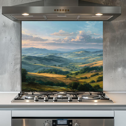 Tuscan Hills Glass Backsplash, Rustic Italy Scene Stove Guard, Heat Resistant Kitchen Wall Art