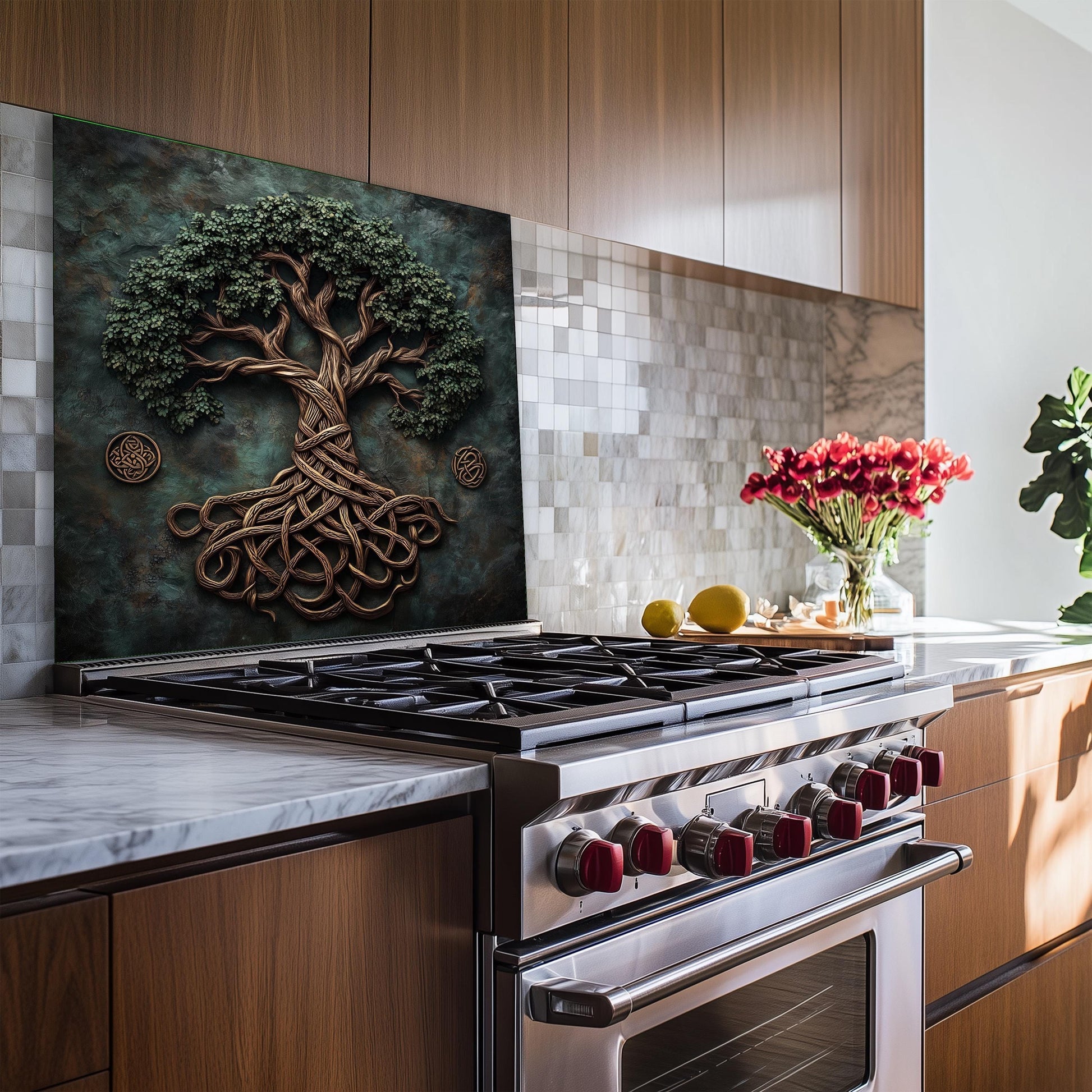 custom glass panel, Tree of Life backsplash, 3D glass art