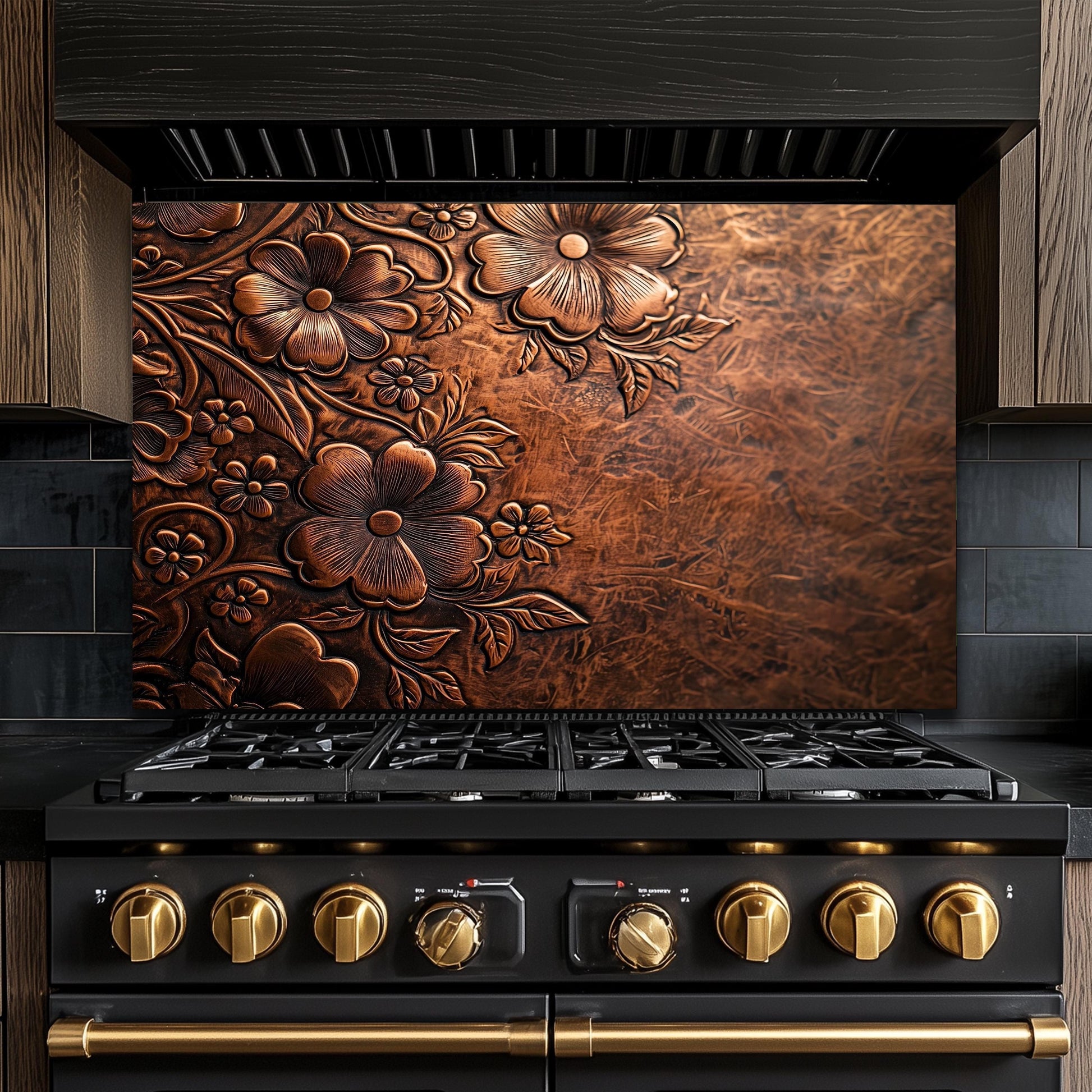 Embossed Floral Copper Glass Backsplash, Rustic Flower Stove Guard, Heat Resistant Kitchen Art