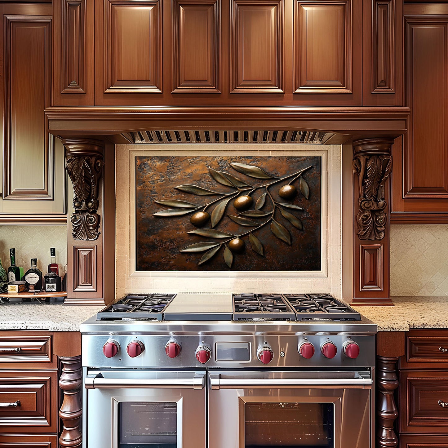 Olive branch tempered glass backsplash for kitchen decor. Mediterranean-inspired design with heat-resistant, easy-to-clean surface. Ideal rustic farmhouse wall protector with charming olive leaves and timeless elegance.