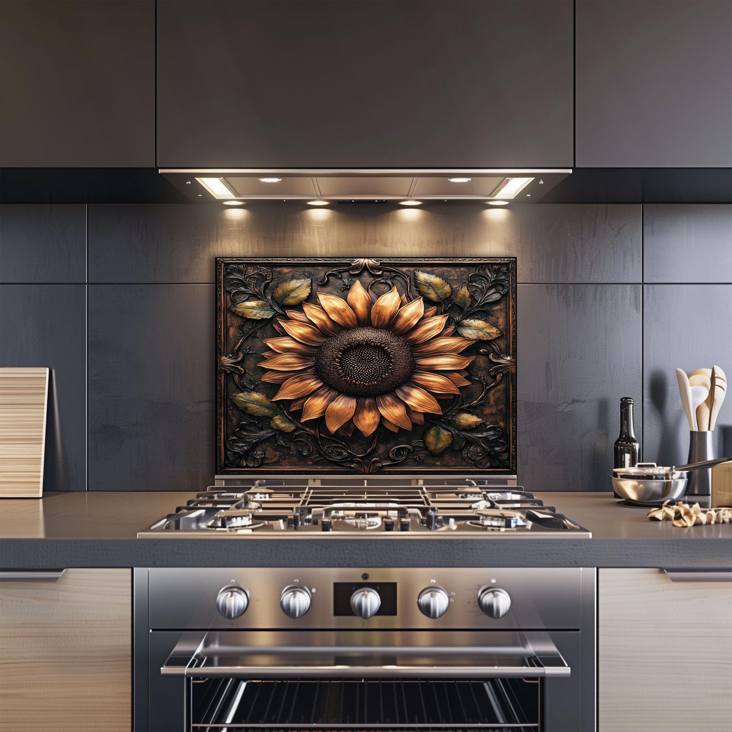 Tempered glass backsplash, sunflower floral design, heat-resistant wall panel, easy clean kitchen protector, artistic backsplash, stove protector, stylish wall art, modern kitchen decor