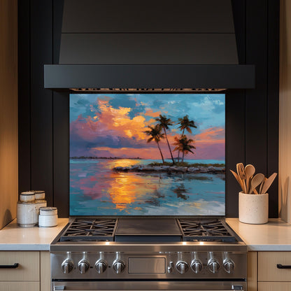 Tropical Sunset Glass Backsplash, Palm Tree Ocean Stove Guard, Heat Resistant Easy Clean Art