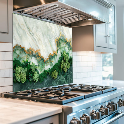Green Marble Moss Glass Backsplash, Nature Texture Stove Guard, Heat Resistant Easy Clean Art