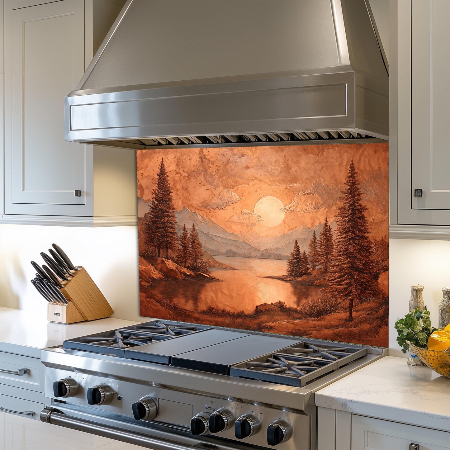 Tempered Glass Mountain & Deer Backsplash: Rustic Copper Kitchen Decor