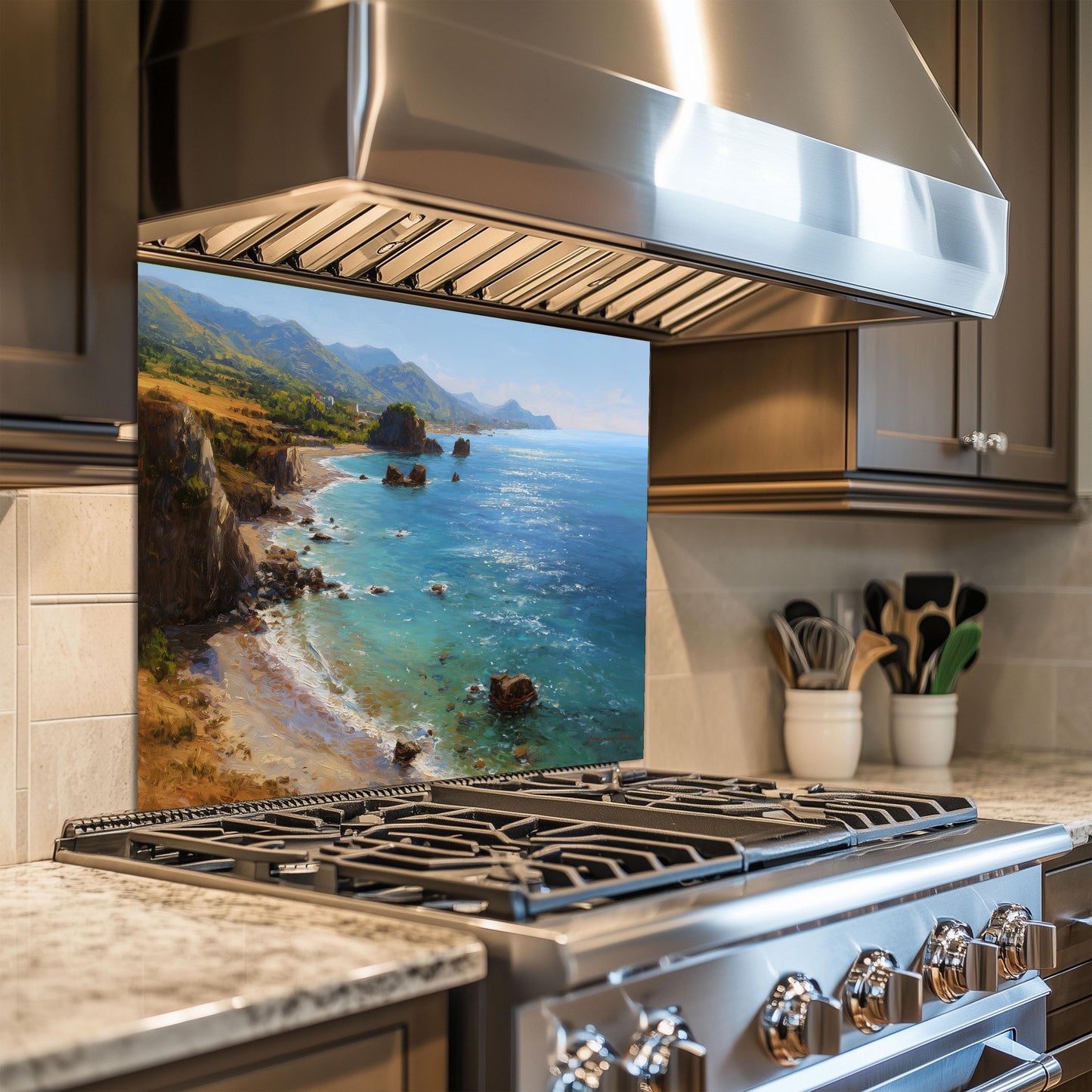 Tempered Glass Mountain Sunrise Backsplash: Coastal Kitchen Wall Art