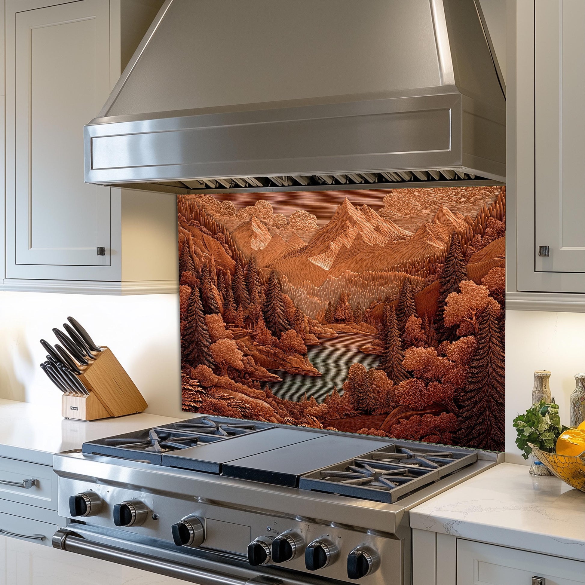 Rustic Sepia Mountain Glass Backsplash: Cabin Kitchen Stove Panel
