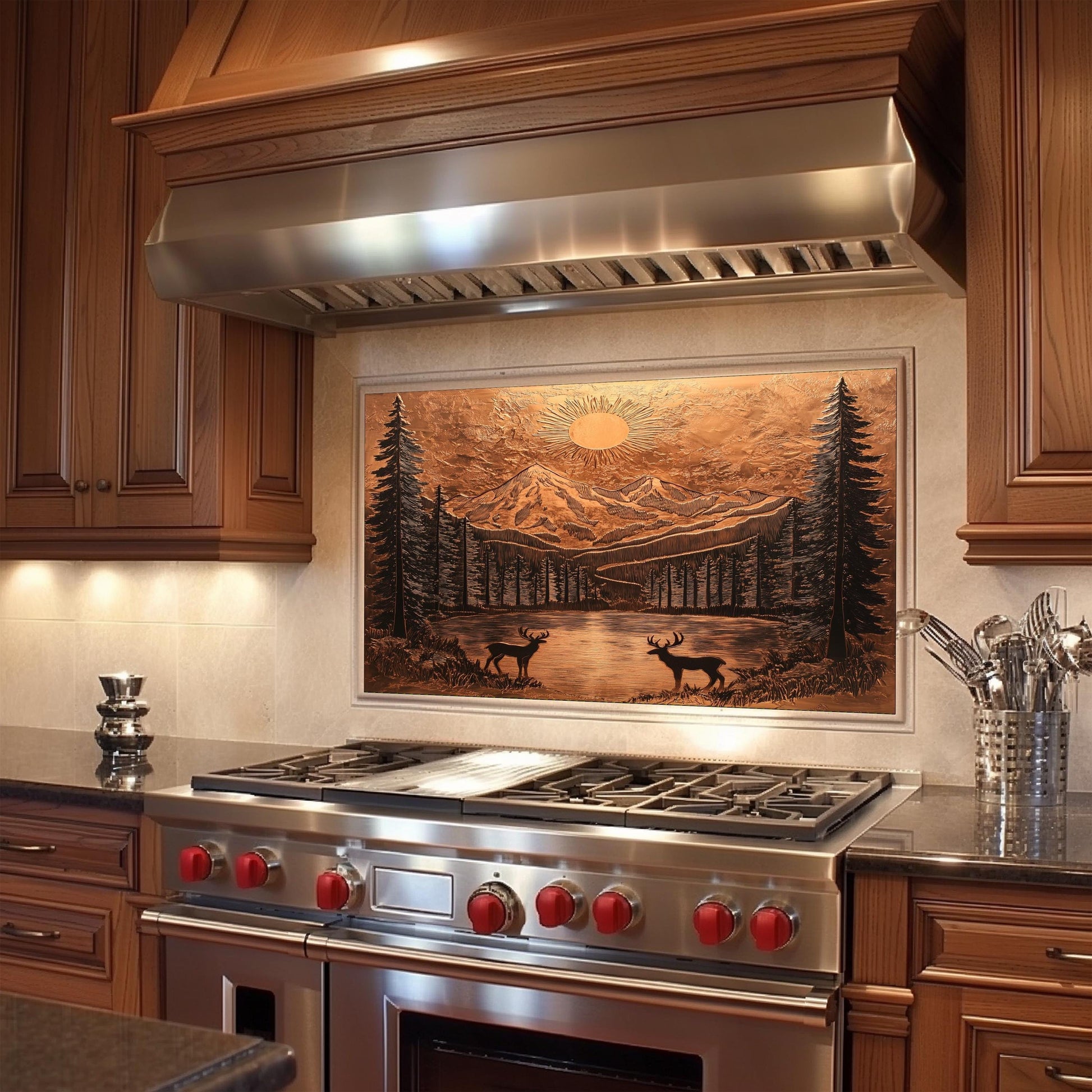 Copper kitchen backsplash, mountain and deer design, heat-resistant tempered glass, easy clean wall protector, rustic kitchen wall decor, stove wall protector, nature kitchen art