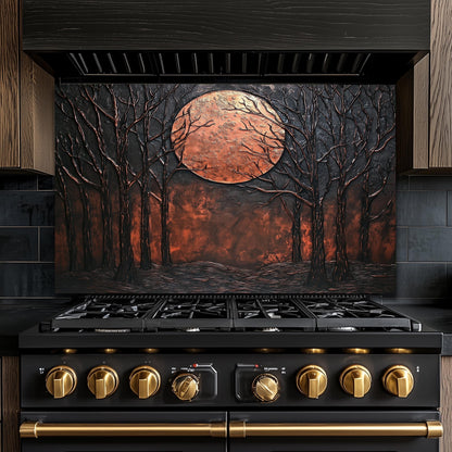 Moon Forest Glass Backsplash, Rustic Night Landscape Tempered Glass, Custom Size Design