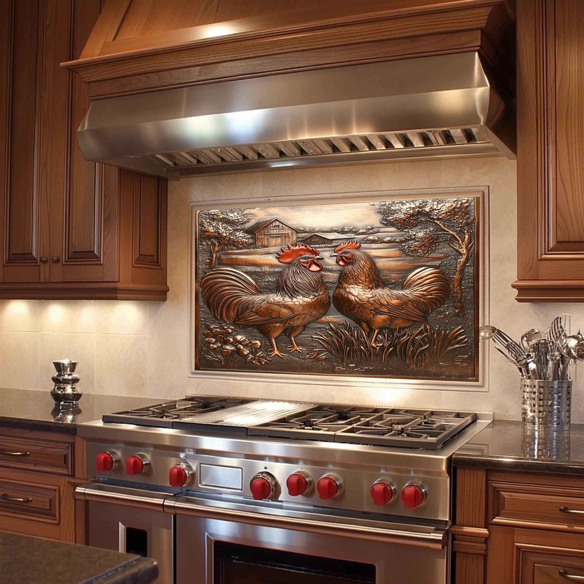Rooster copper backsplash, heat-resistant tempered glass, farmhouse kitchen wall protector, rustic kitchen decor, easy clean backsplash, vintage kitchen art, stove protector