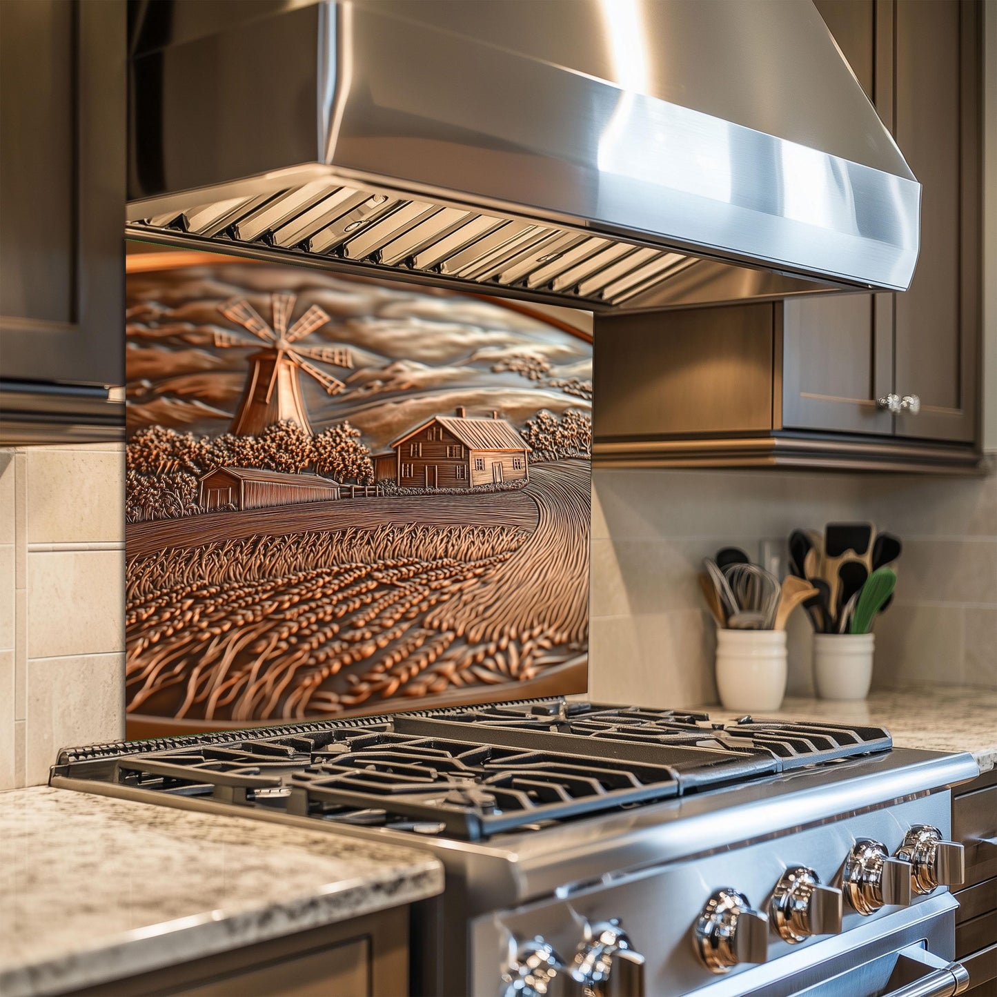 Copper Embossed Kitchen Backsplash: Rustic Farmhouse Windmill Scene